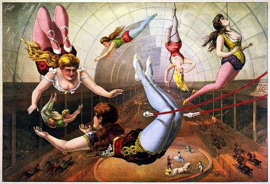 Trapeze artists in circus, lithograph by Calvert Litho. Co., 1890. Edited digital image from the Library of Congress, reproduction number: LC-USZC4-2091.